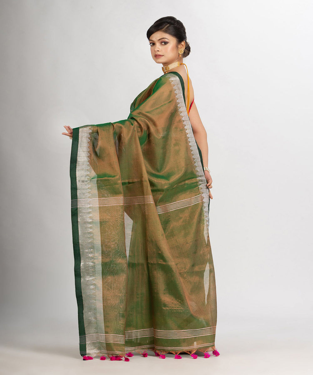 Green double shaded handloom cotton tissue with jacquard border saree