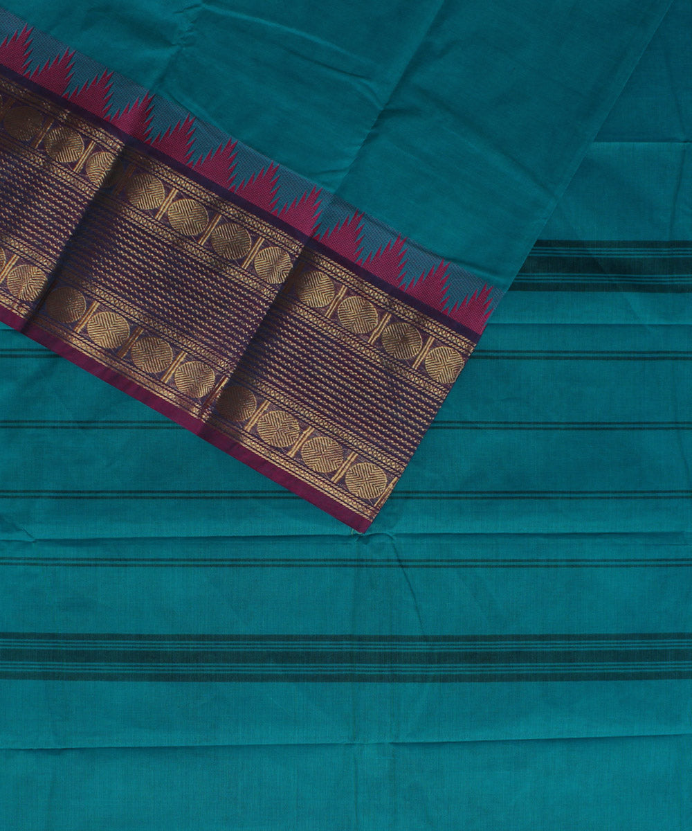 Turquoise pink border cotton handwoven chettinadu saree