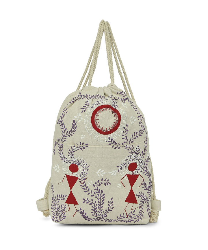 Beige blue cotton hand painted warli sack bag