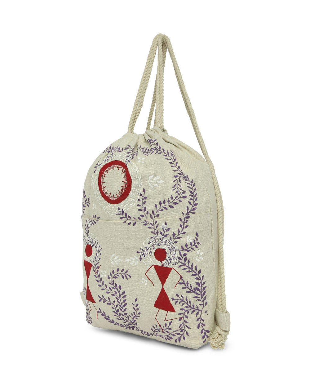 Beige blue cotton hand painted warli sack bag