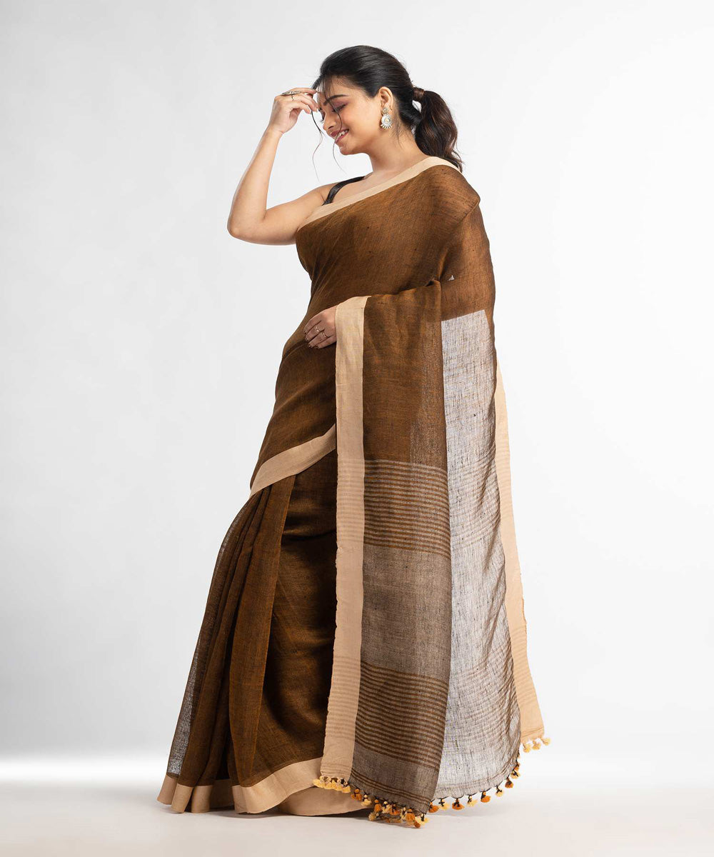 Brown handwoven bengal linen saree