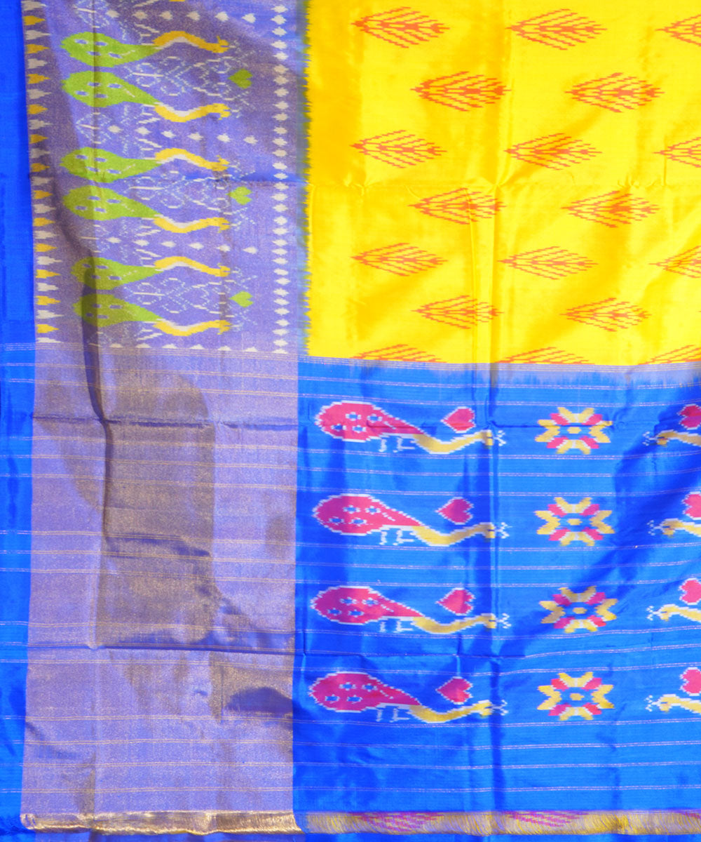 Yellow blue handwoven pochampally ikat silk saree