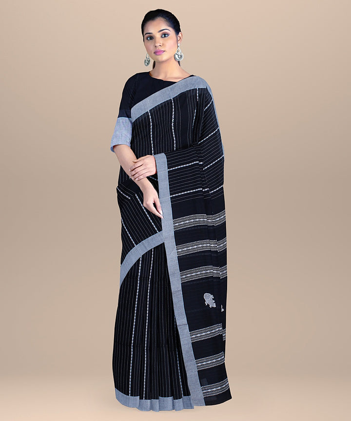 Navy blue offwhite handloom cotton bengal saree