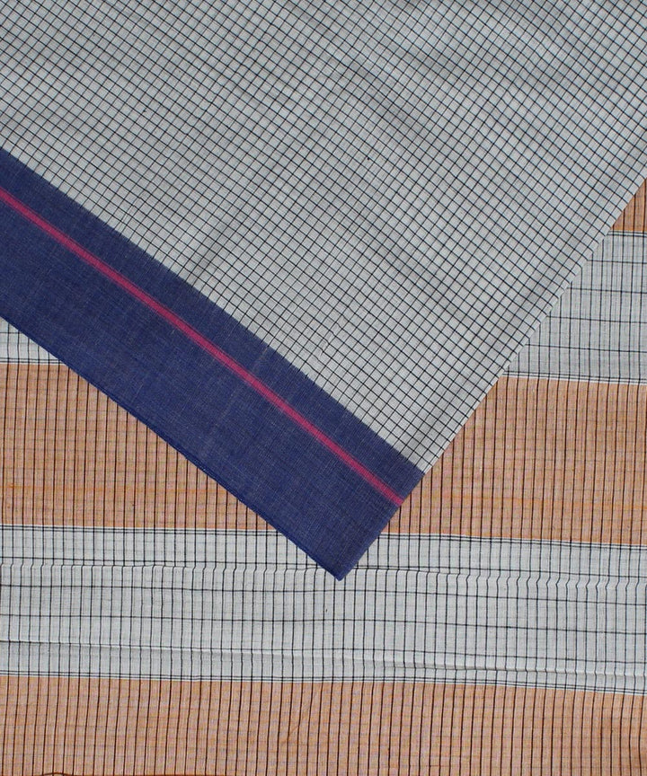 White checks pink and blue border cotton handloom patteda anchu saree