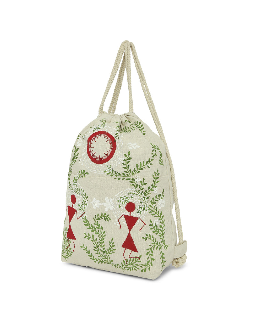 Beige green cotton hand painted warli sack bag