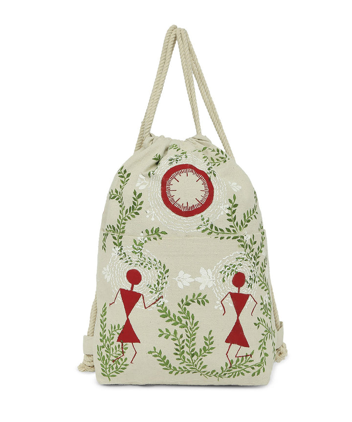 Beige green cotton hand painted warli sack bag