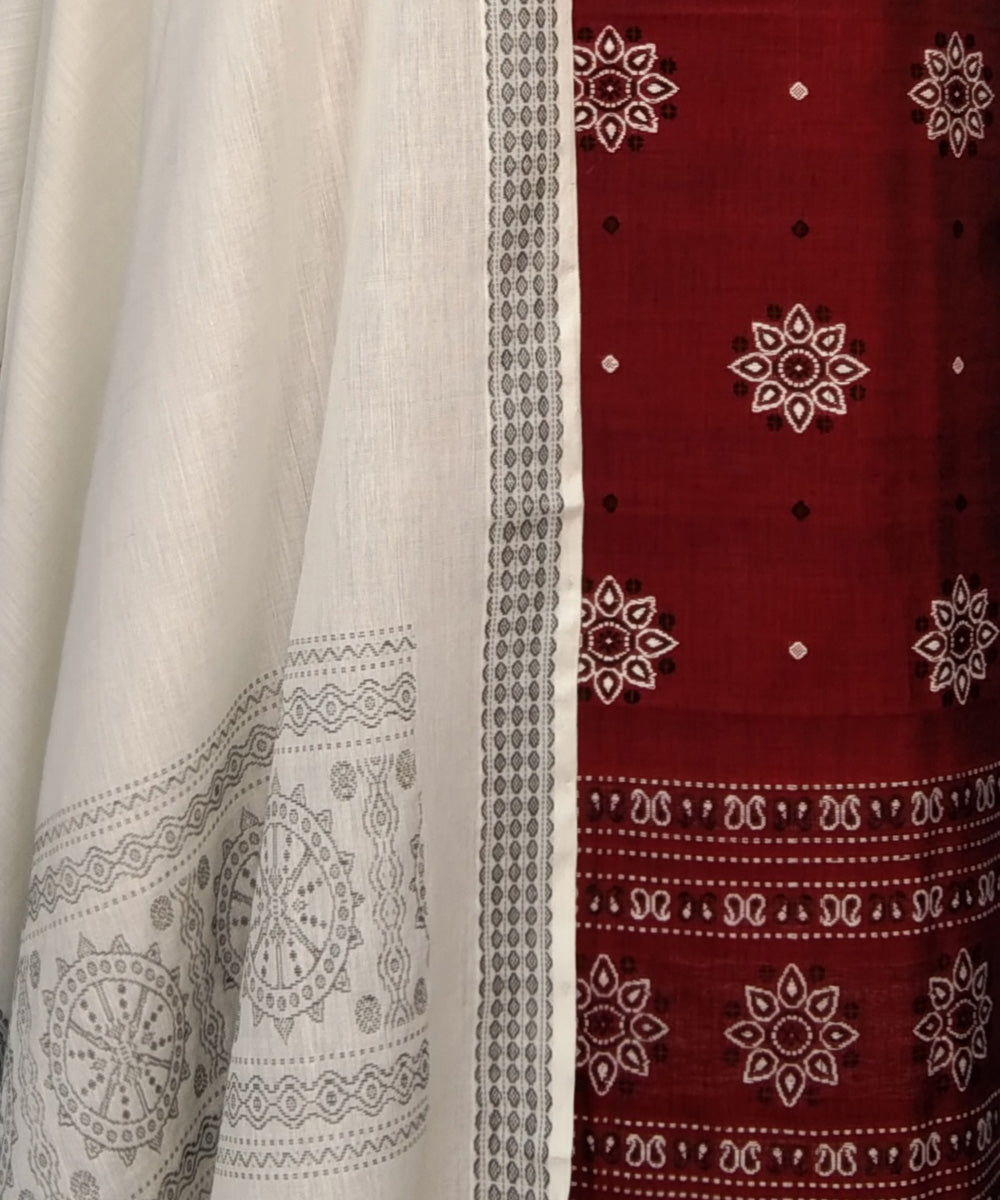 Maroon white bomkai handwoven cotton dress material