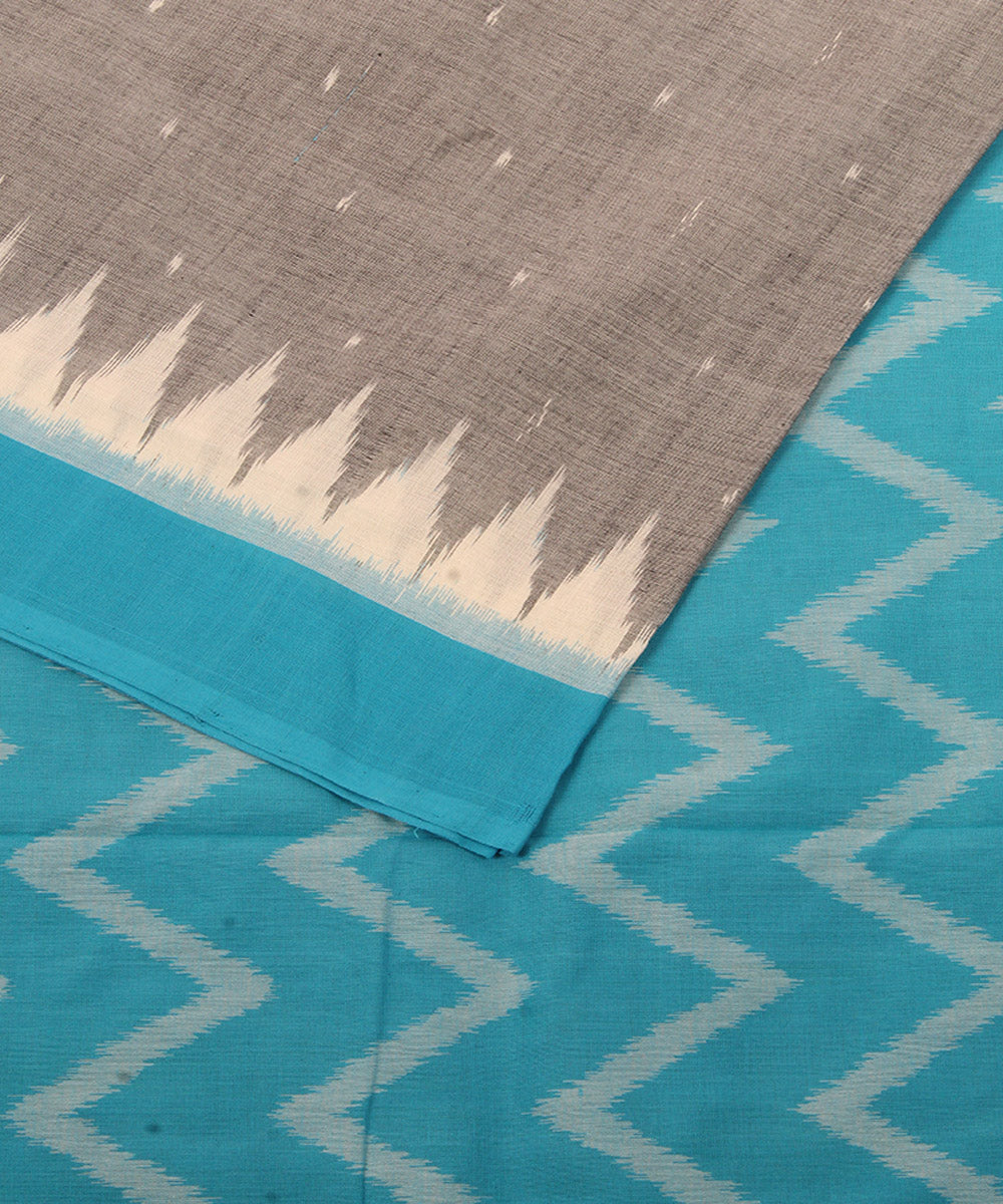 Grey cyan blue pochampally ikat cotton handloom saree