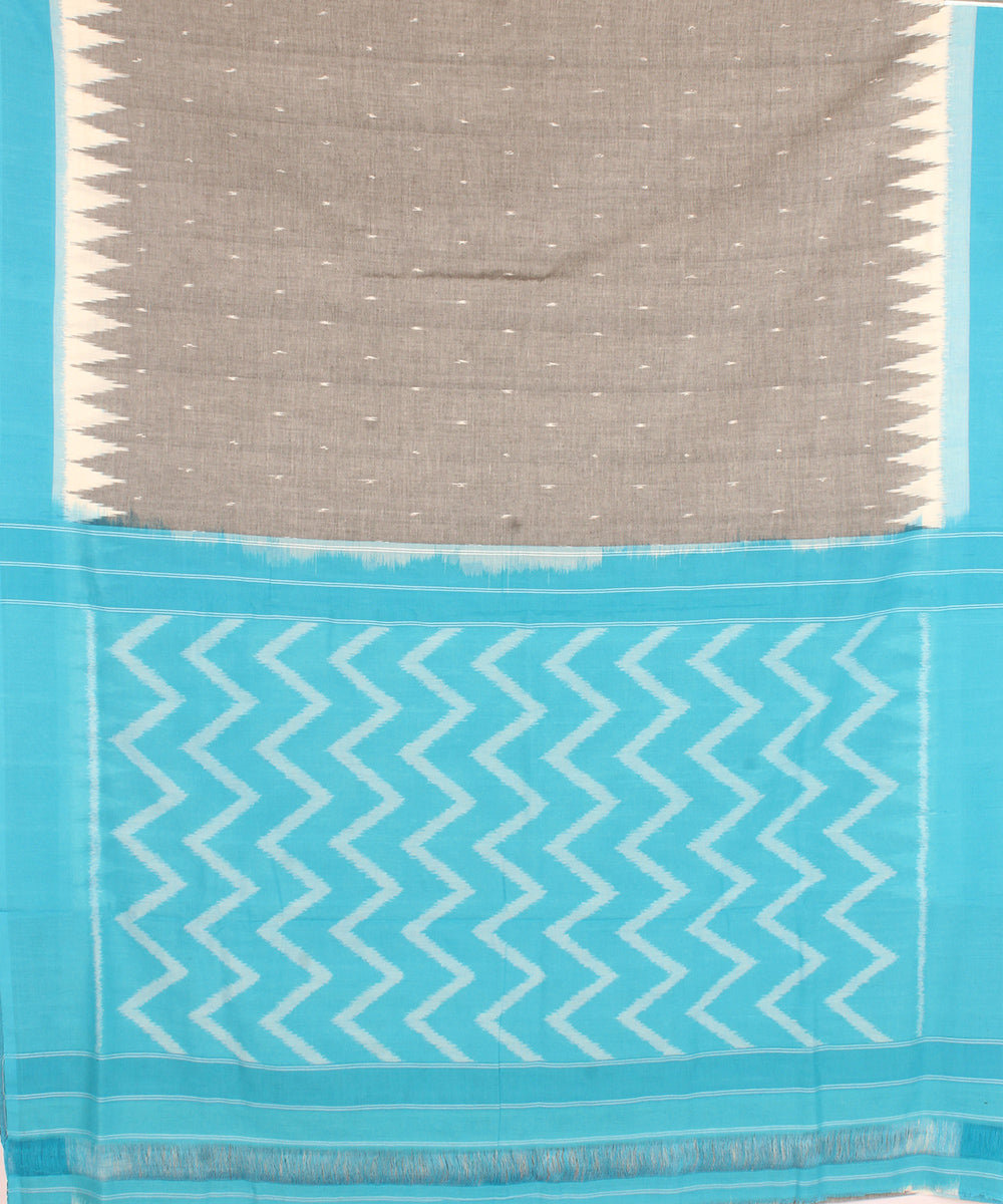 Grey cyan blue pochampally ikat cotton handloom saree