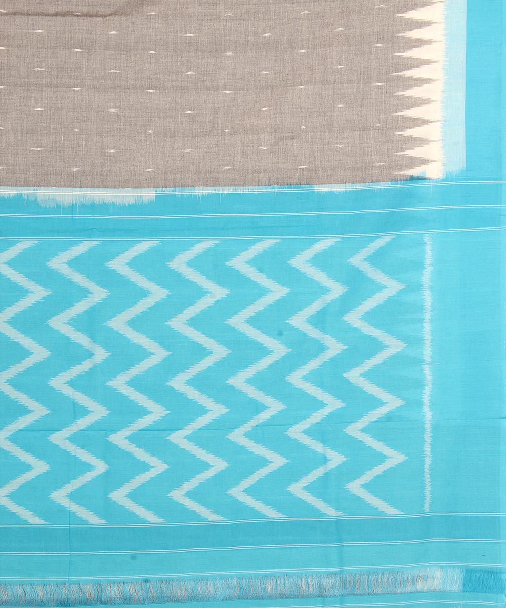 Grey cyan blue pochampally ikat cotton handloom saree