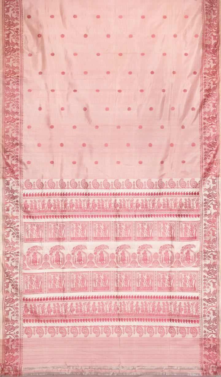 Coral pink handwoven baluchari silk saree