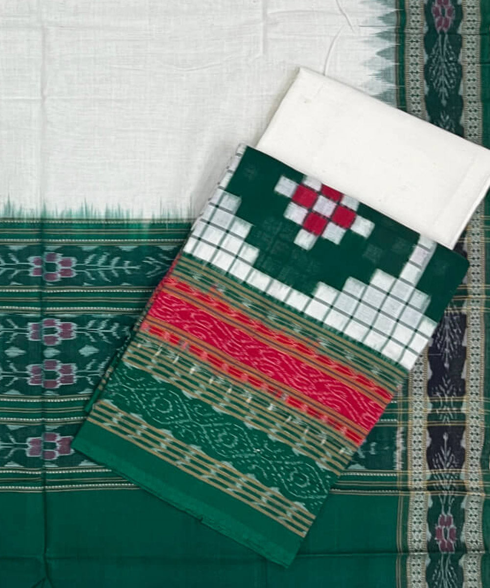 3pc White green handwoven cotton double ikat sambalpuri dress material