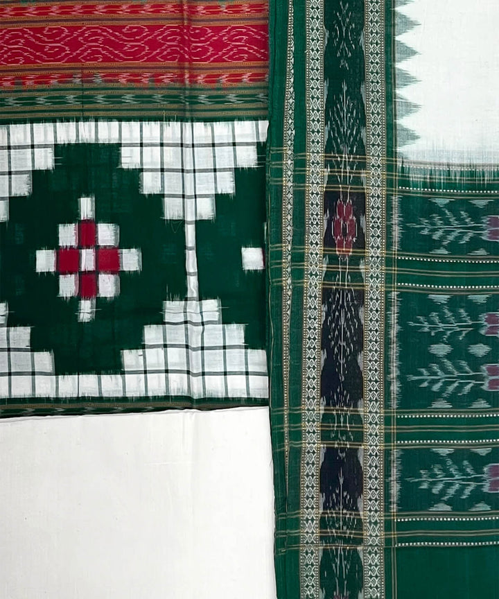 3pc White green handwoven cotton double ikat sambalpuri dress material