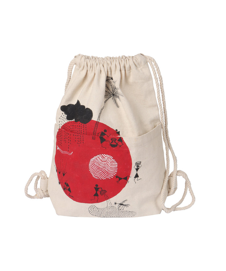 Beige red cotton hand painted warli sack bag