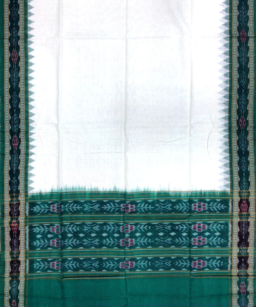 3pc White green handwoven cotton double ikat sambalpuri dress material