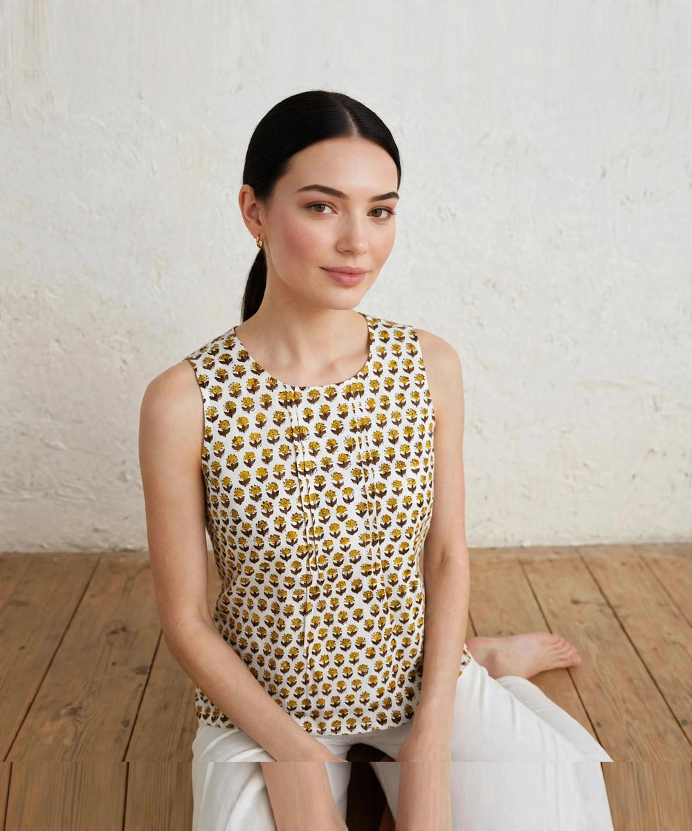 Off white floral hand blook printed cotton short top