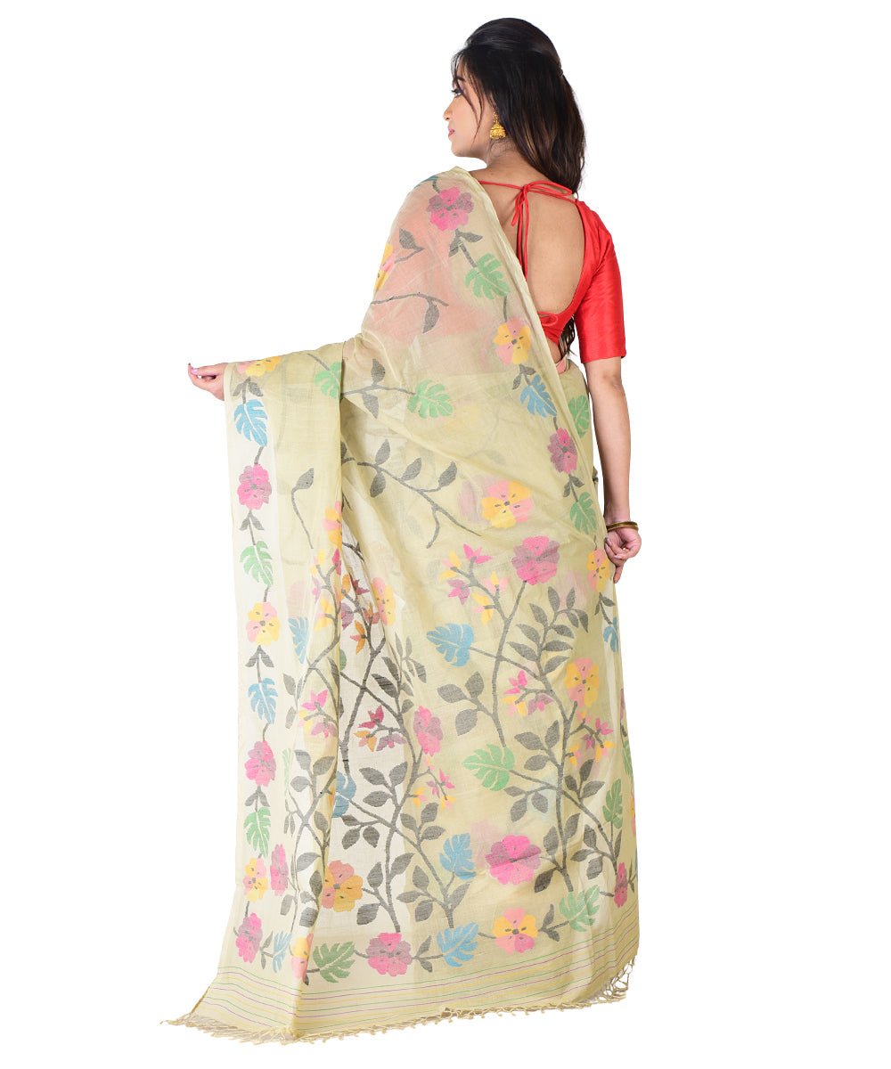 Beige multicolor hand woven cotton saree