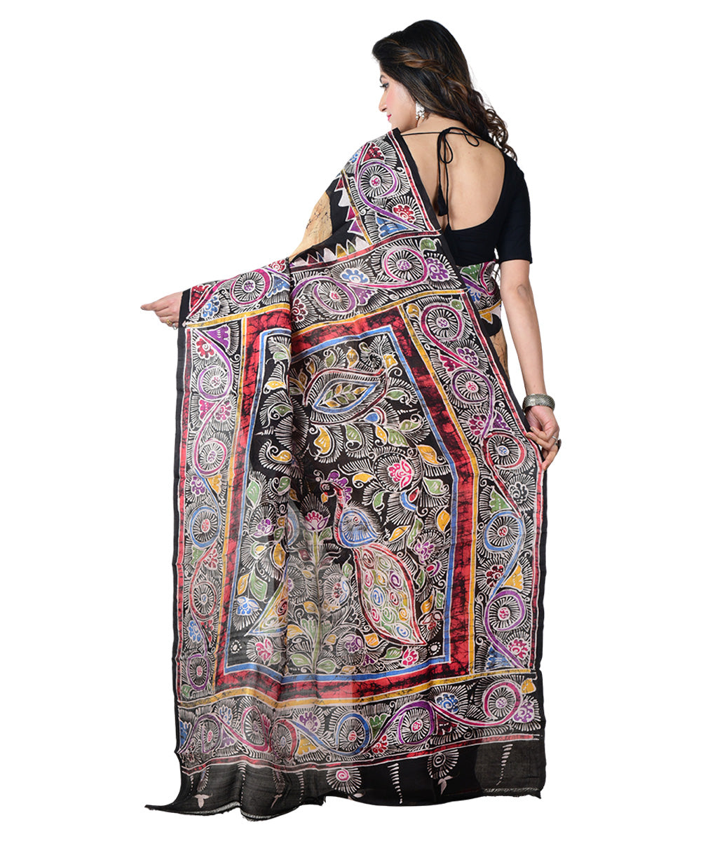 Beige brown batik print handprinted silk saree