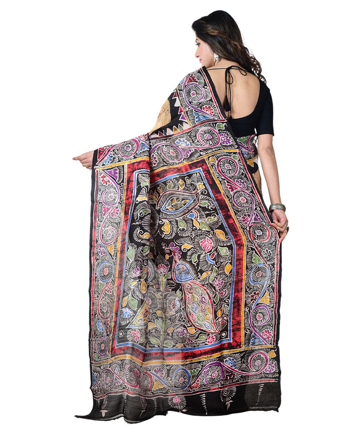 Beige brown batik print handprinted silk saree