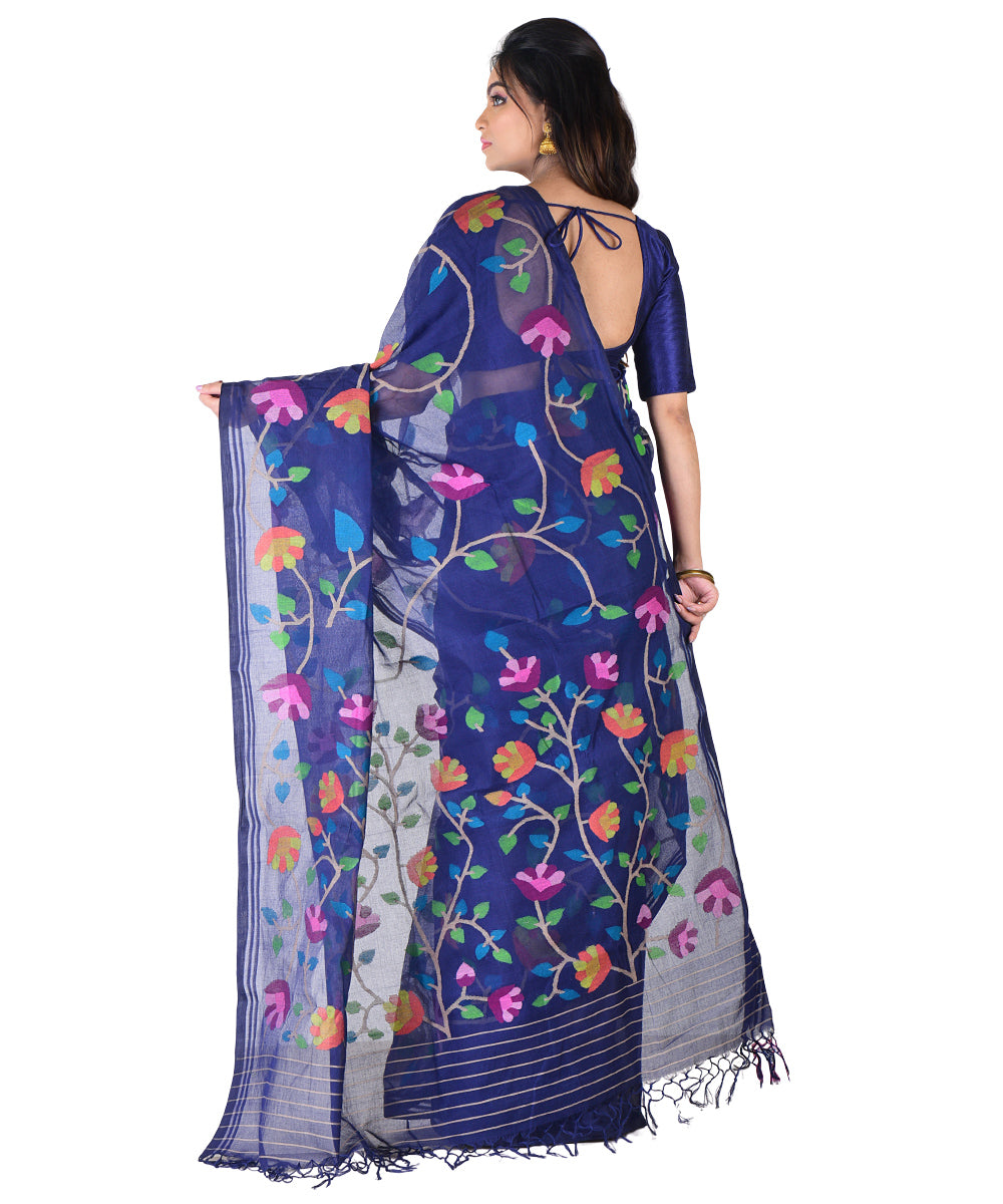 Navy blue multicolor handwoven cotton saree