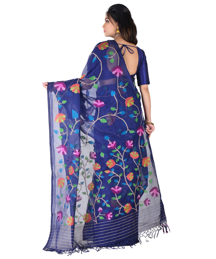 Navy blue multicolor handwoven cotton saree