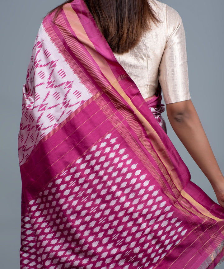 White pink handwoven pochampally ikat saree