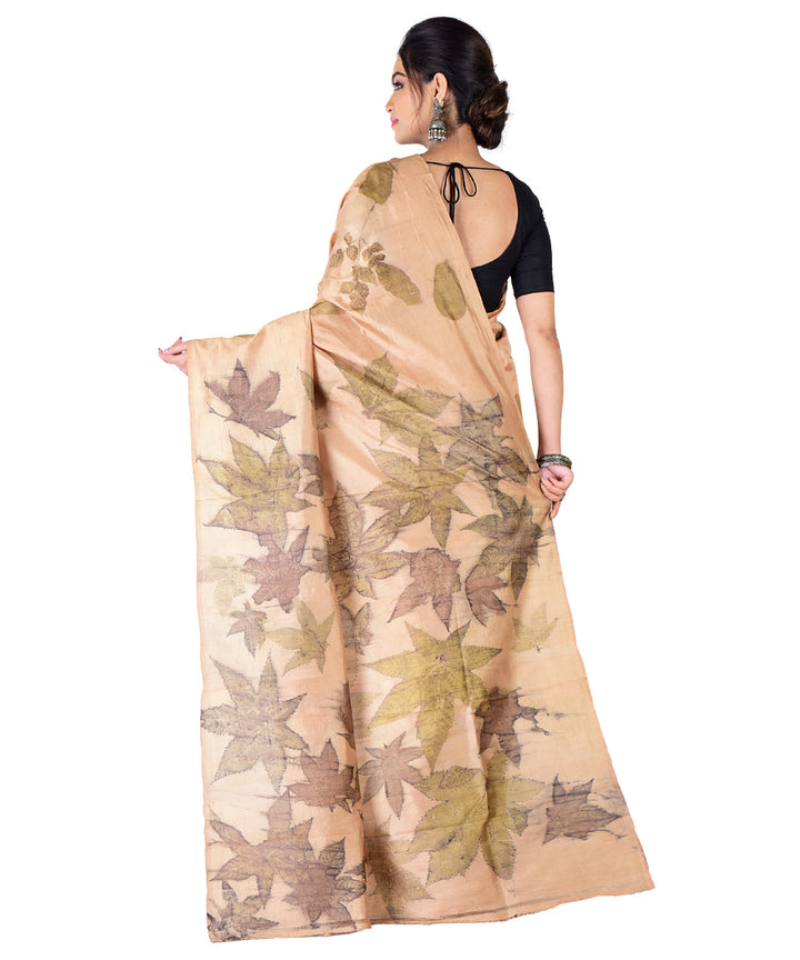 Beige light green hand printed silk saree
