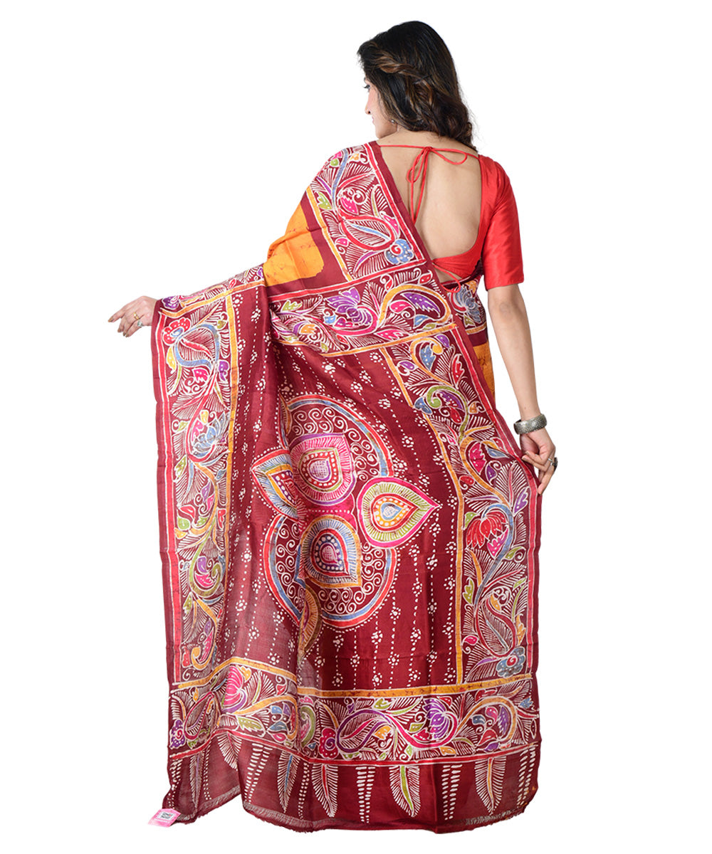 Mustard multicolor batik print handprinted silk saree