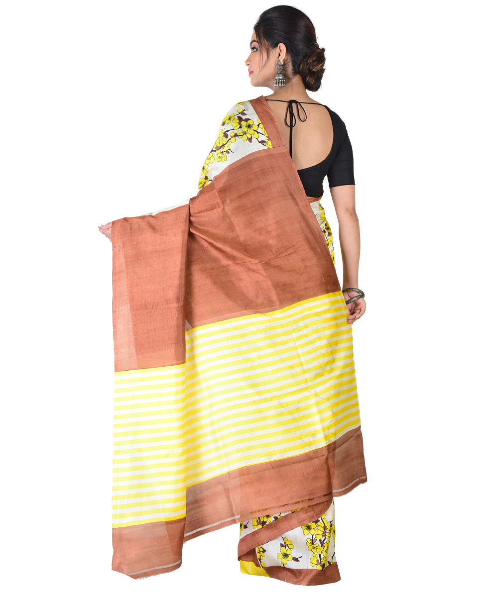 Yellow multicolor hand block printed silk saree