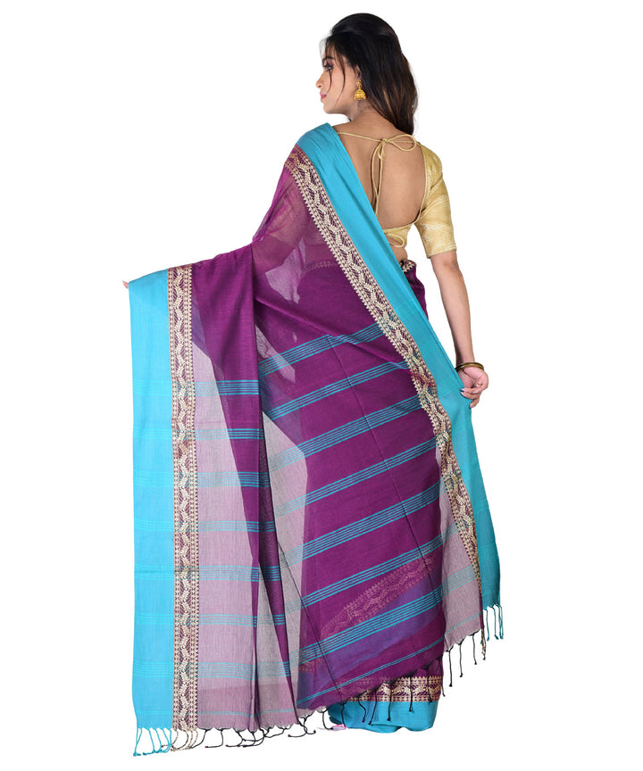 Purple cyan blue handwoven cotton saree
