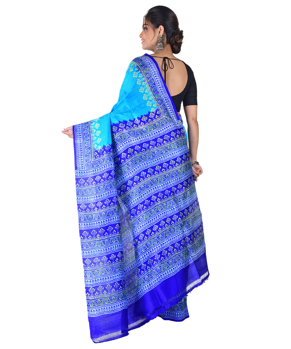 Cyan blue navy blue hand printed silk saree