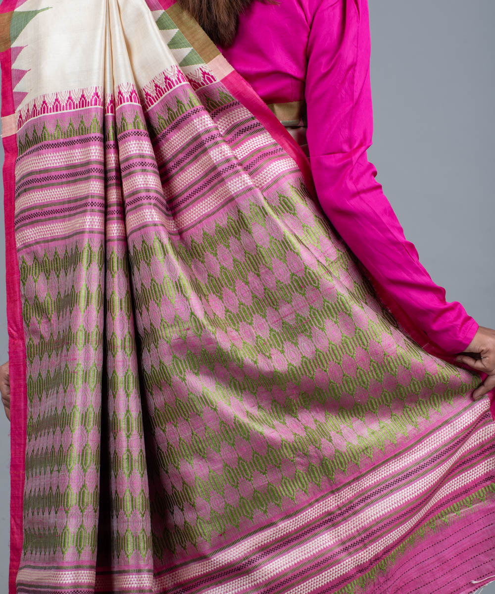 Cream pink handwoven gopalpur jala border tussar saree