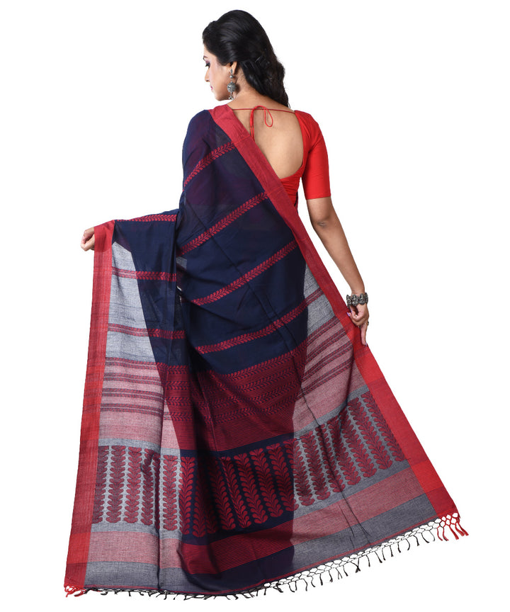 Navy blue red handloom cotton shantipuri saree