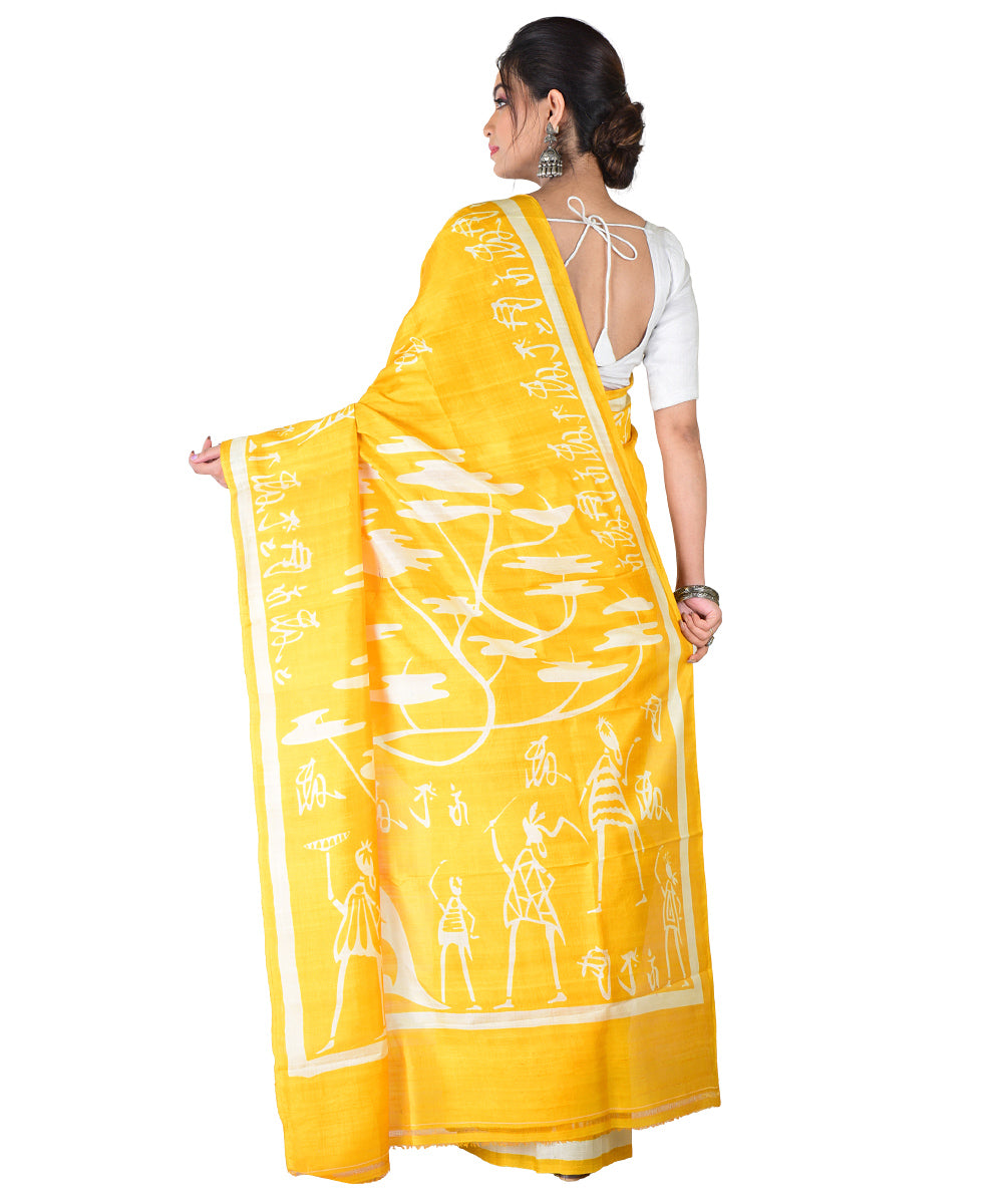 Yellow white hand printed silk saree