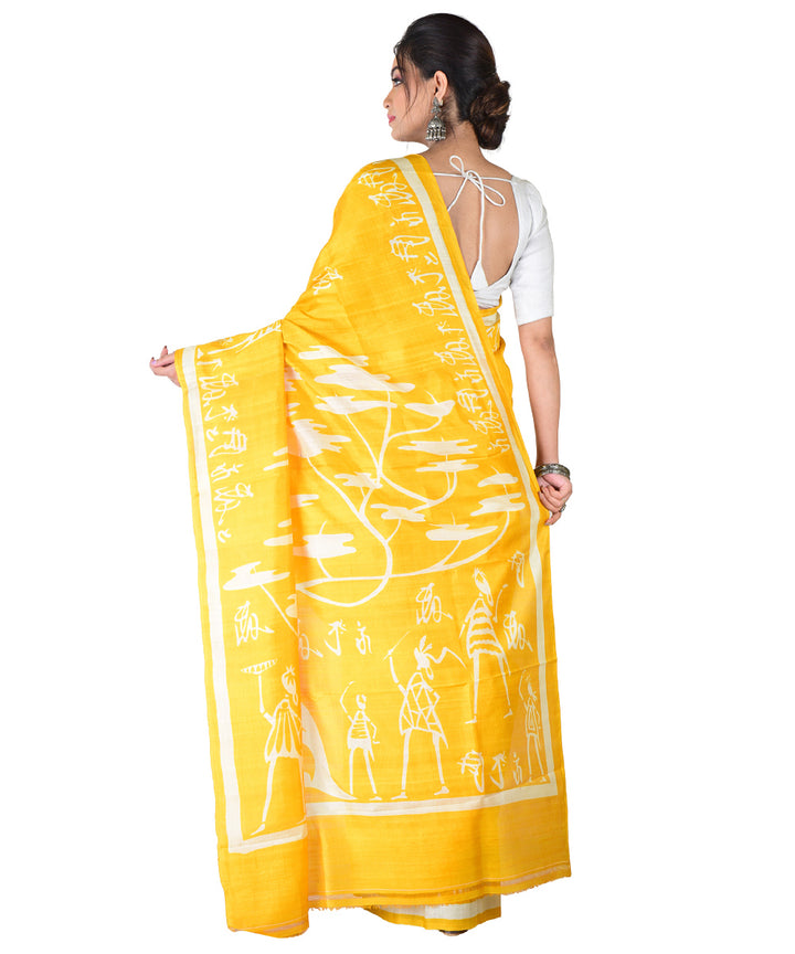 Yellow white hand printed silk saree