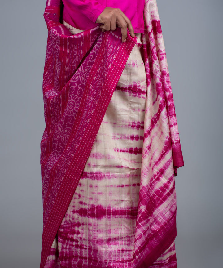 Pink handspun shibori ikat gopalpur tussar silk saree