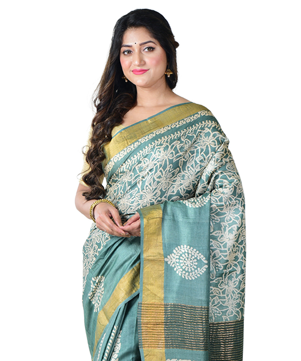 Cyan blue white block print handprinted tussar silk saree