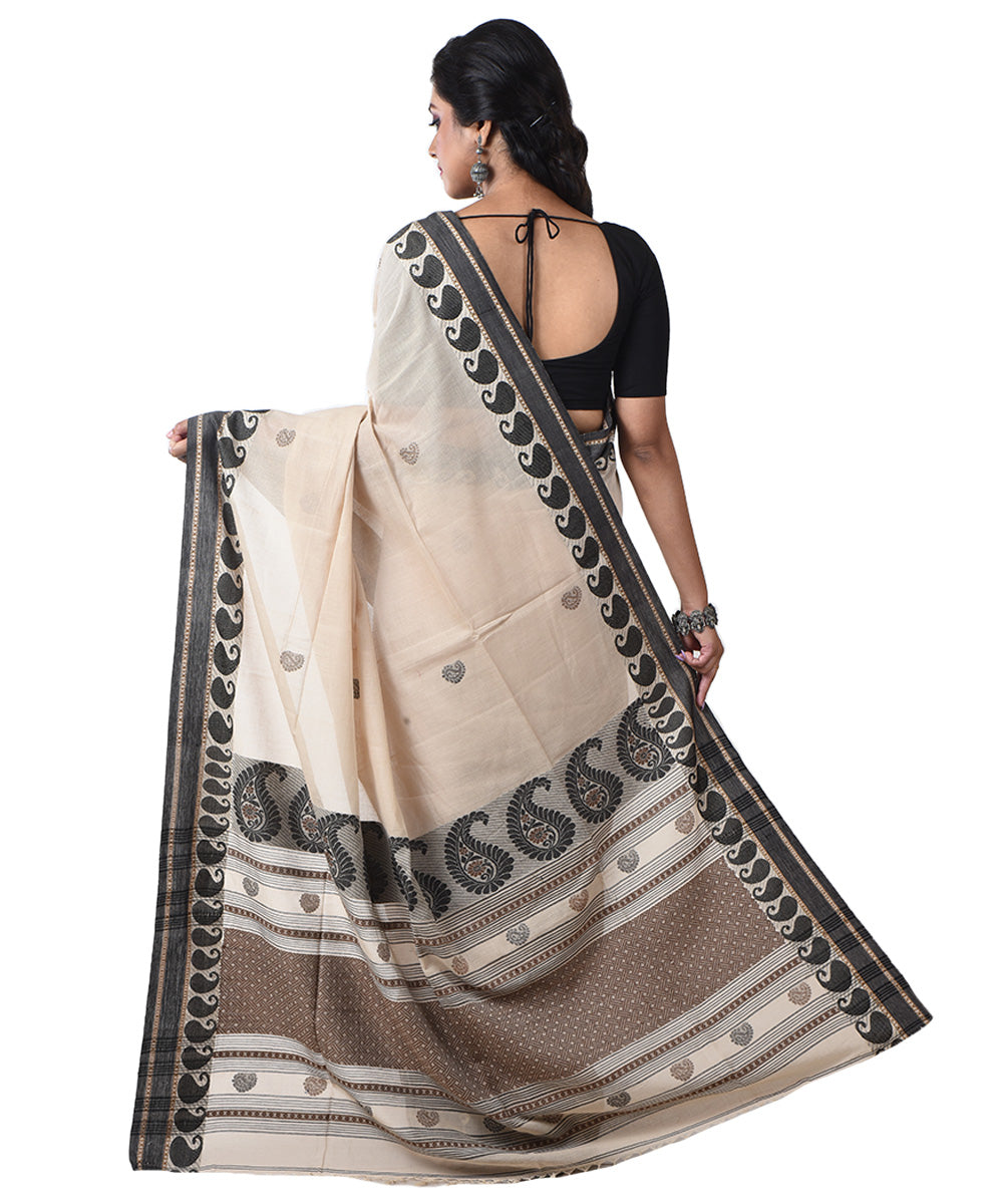 Beige black cotton handloom shantipuri saree