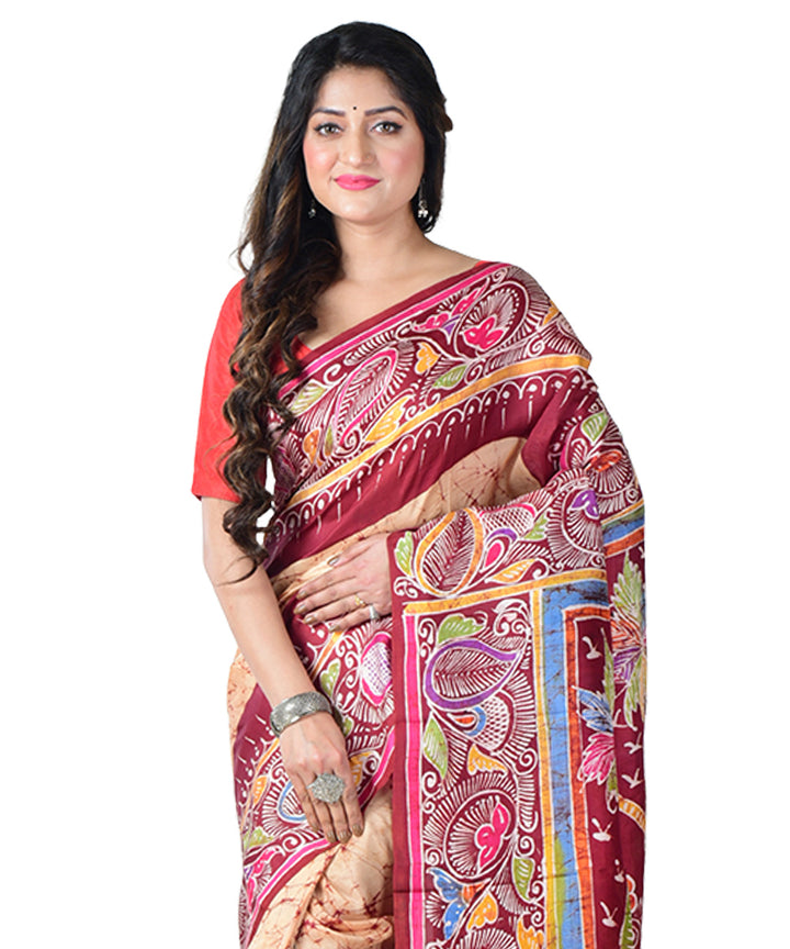 Brown multicolor batik print handprinted silk saree
