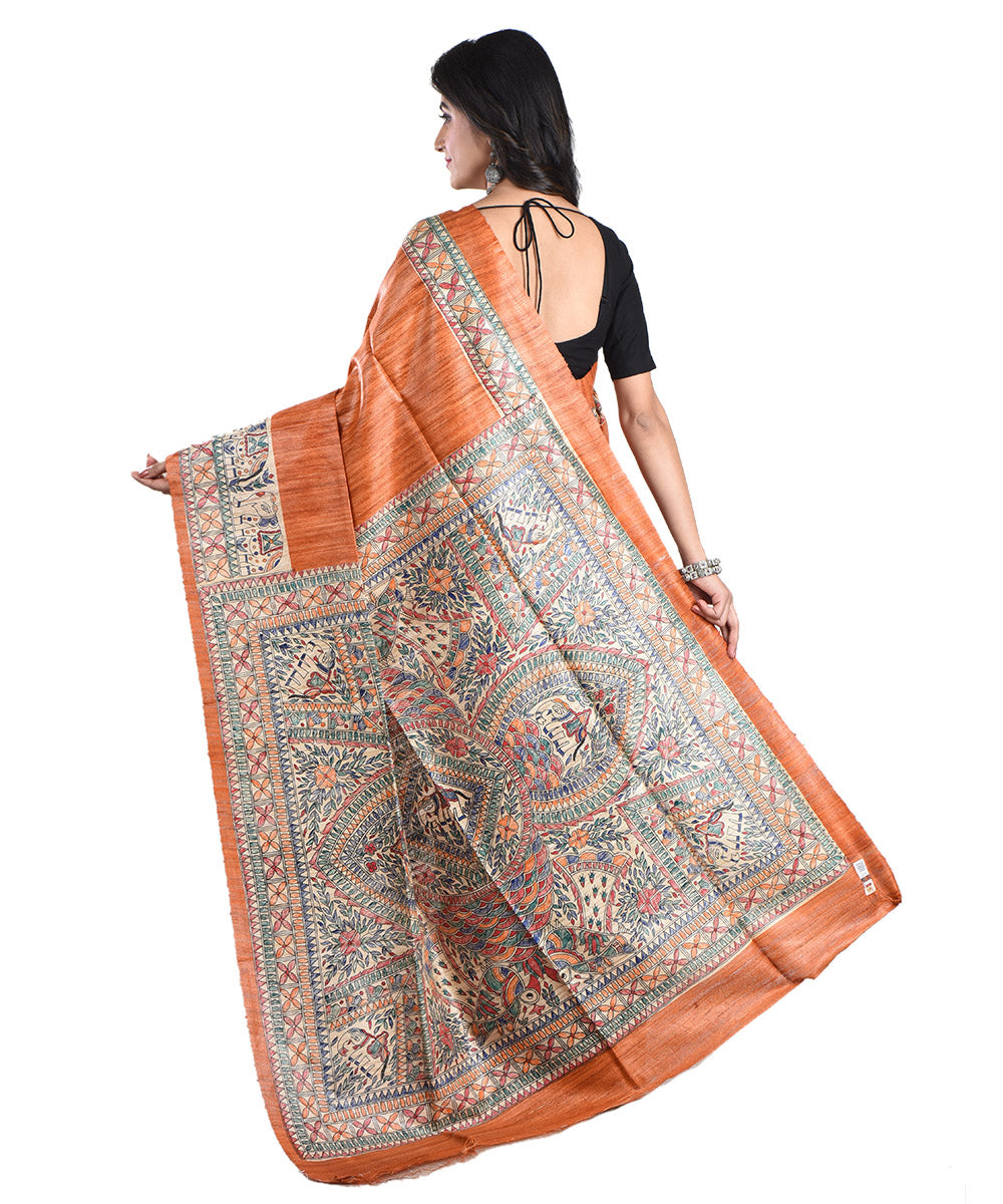 Orange multicolor handwovwn tussar silk madhubani painting saree
