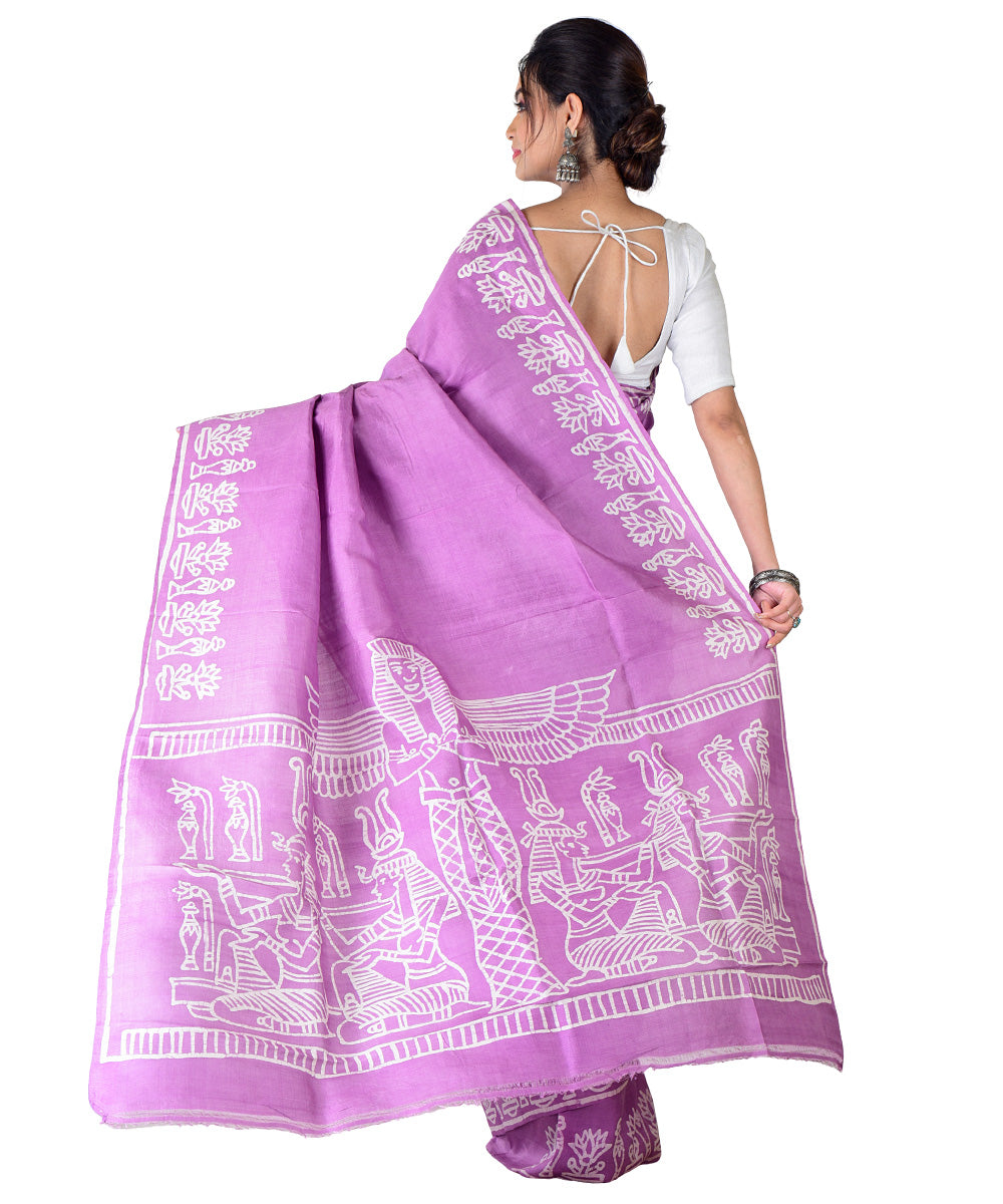 Violet white hand printed silk saree