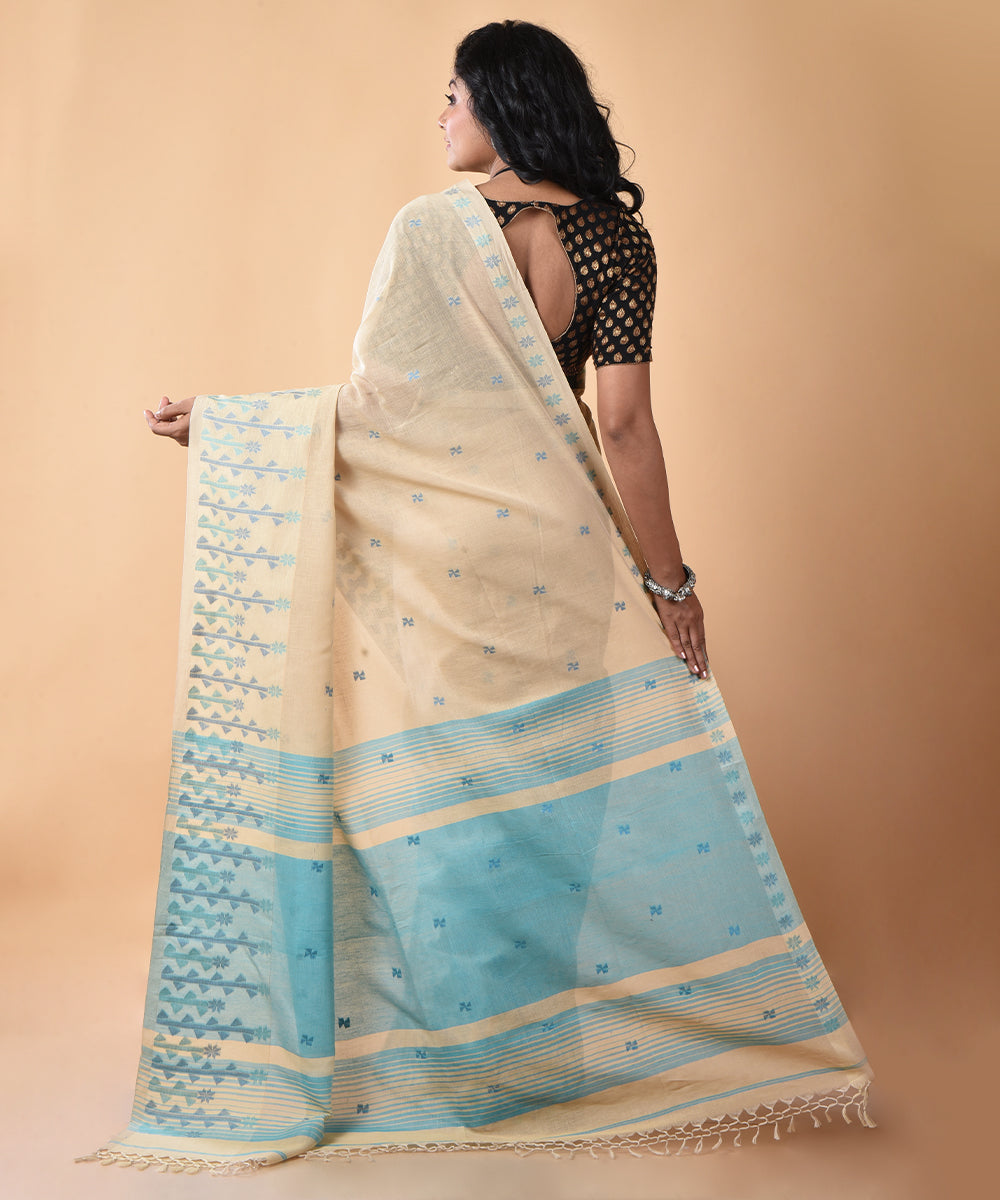 Cream blue cotton handwoven jamdani saree