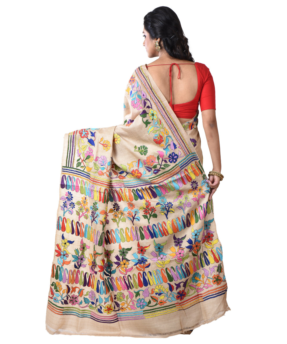 Beige multicolor pallu hand kantha stitched tussar silk saree