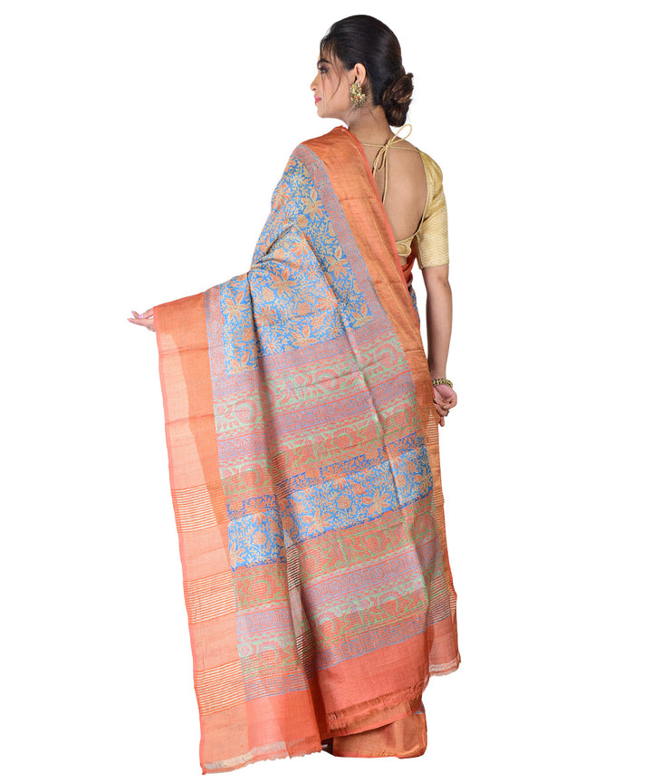 Brown cyan blue hand printed tussar silk saree