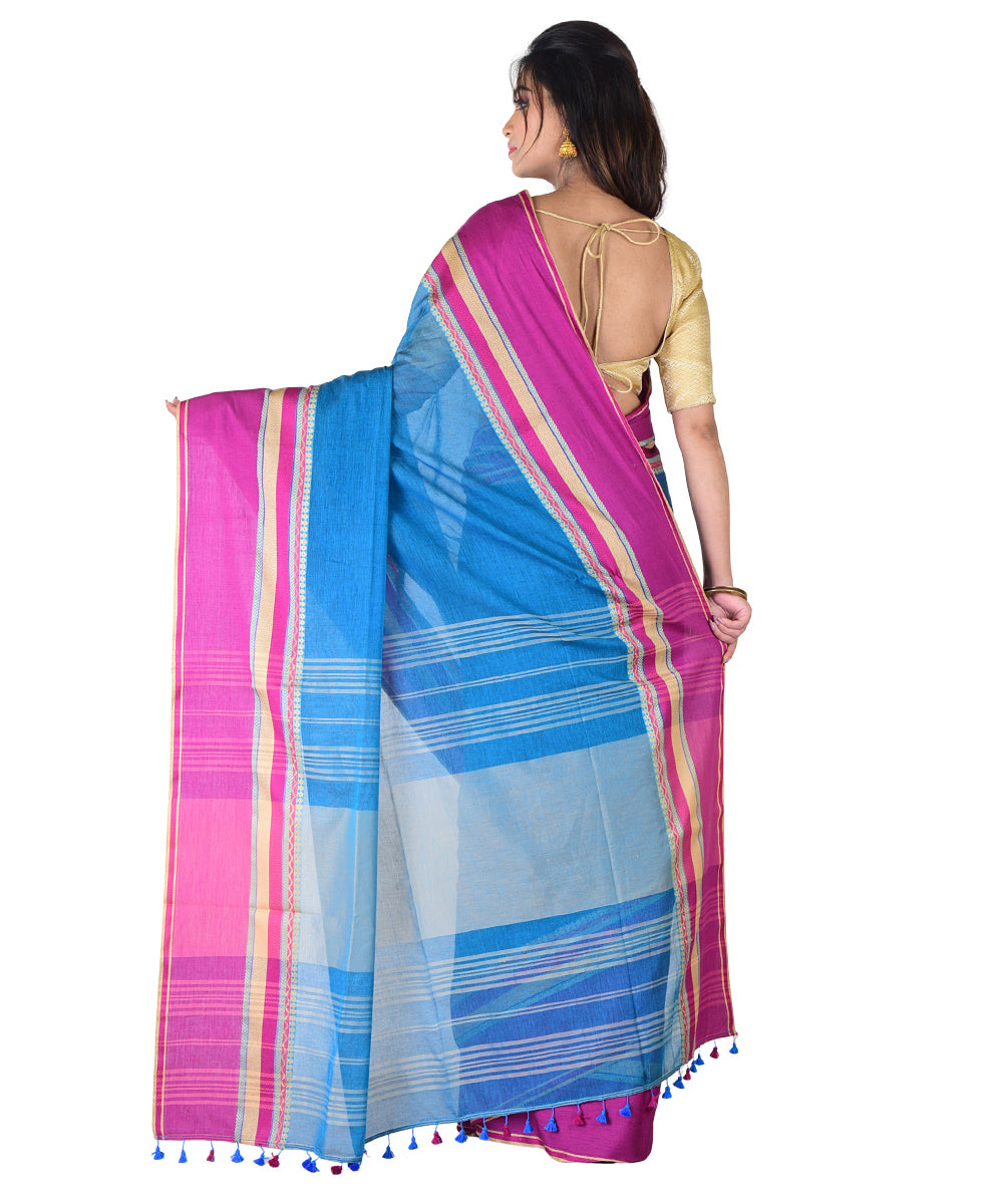 Cyan blue violet handwoven cotton saree