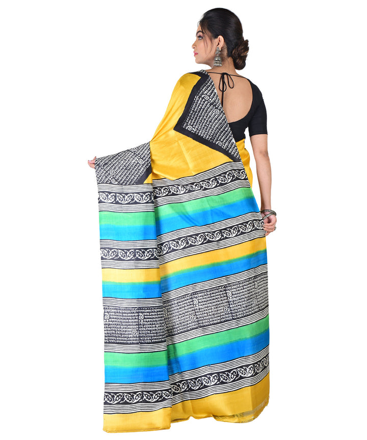 Yellow multicolor silk hand printed saree