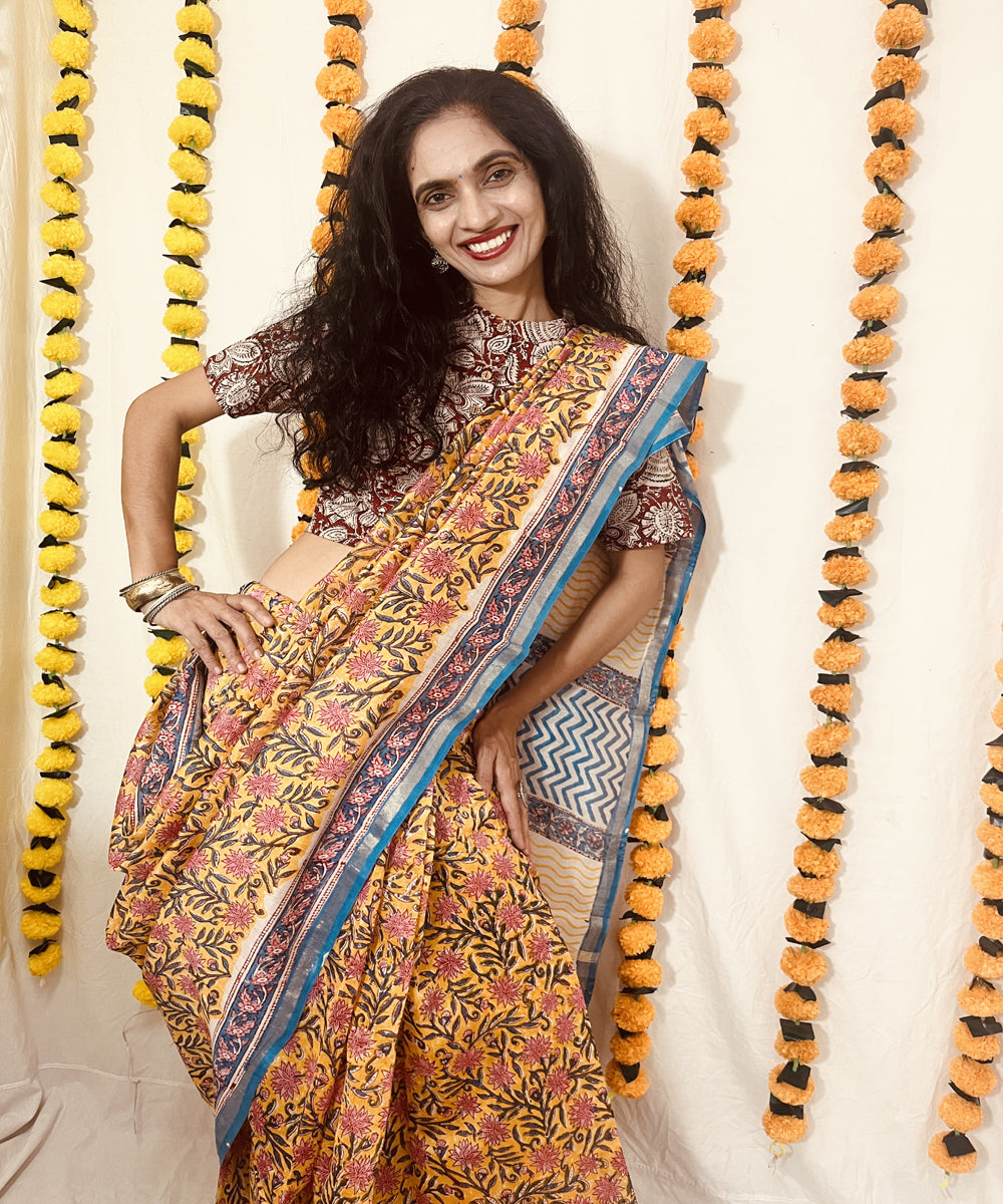 Yellow hand block sanganeri print chanderi sico saree