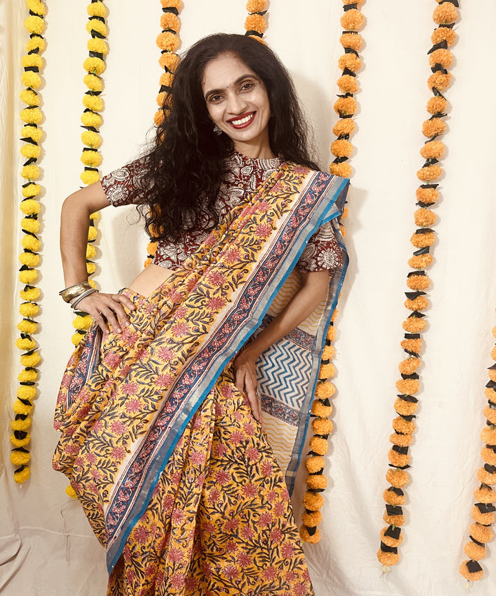 Yellow hand block sanganeri print chanderi sico saree