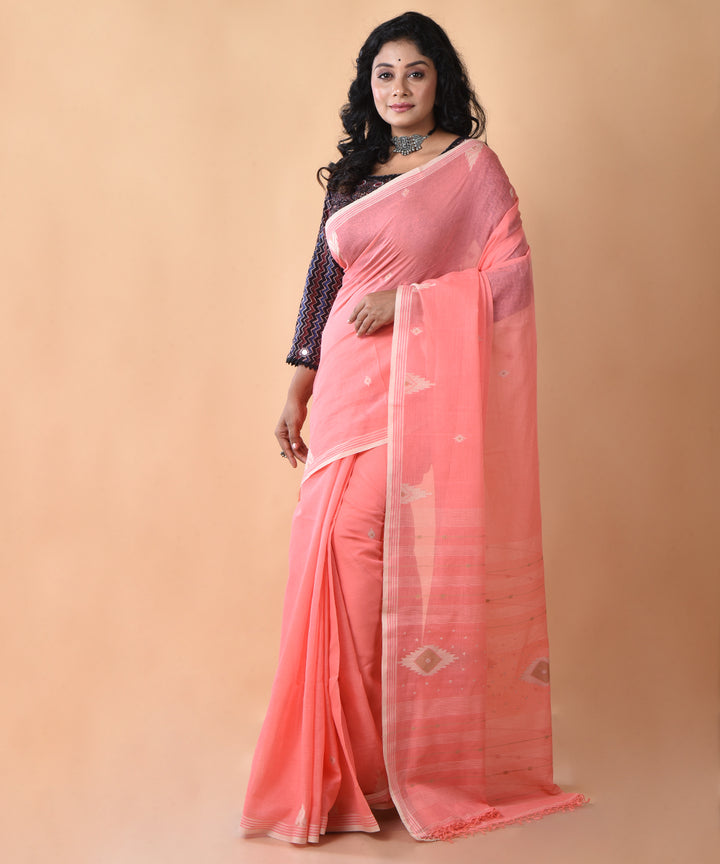 Peach white cotton handwoven jamdani saree