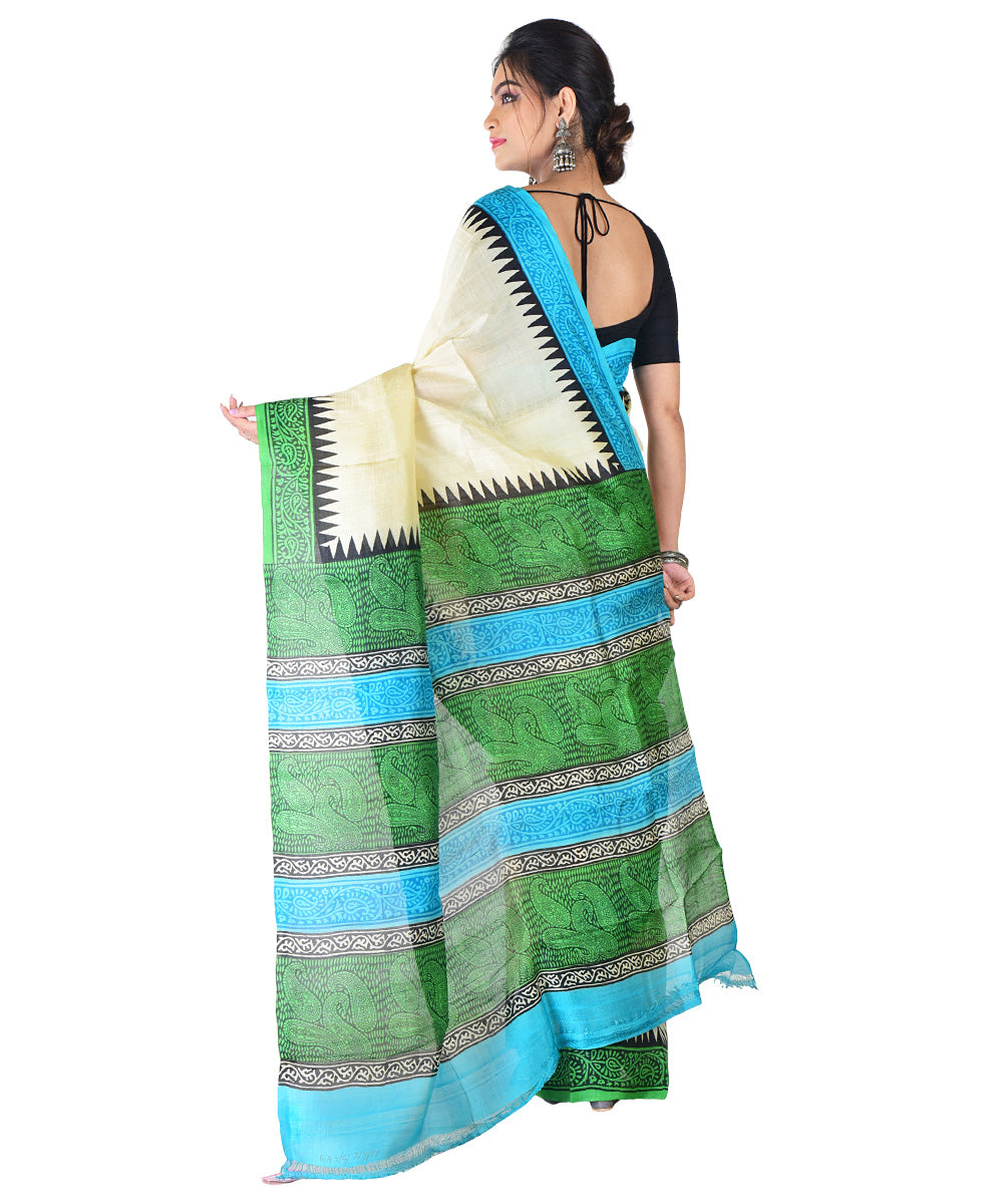 White dark green hand printed silk saree